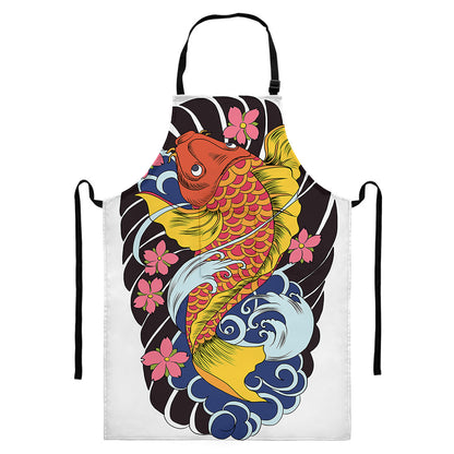 Japanese Koi And Flower Tattoo Print Bib Apron With Pocket