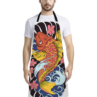 Japanese Koi And Flower Tattoo Print Bib Apron With Pocket