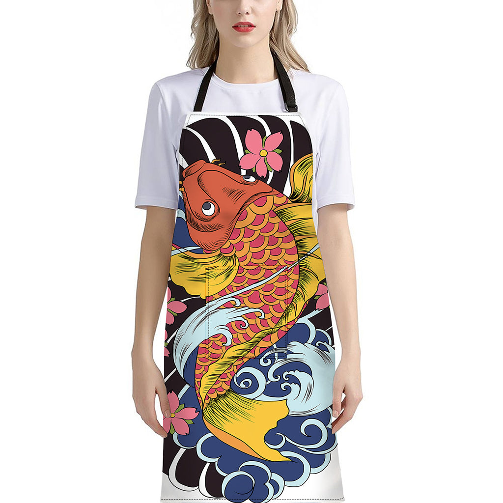Japanese Koi And Flower Tattoo Print Bib Apron With Pocket