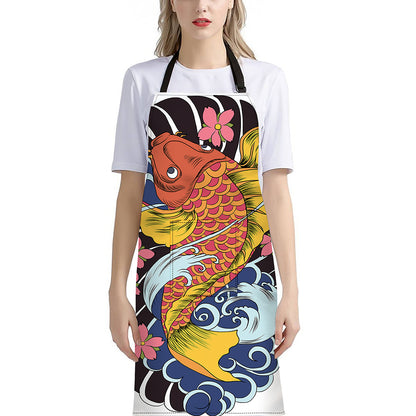 Japanese Koi And Flower Tattoo Print Bib Apron With Pocket