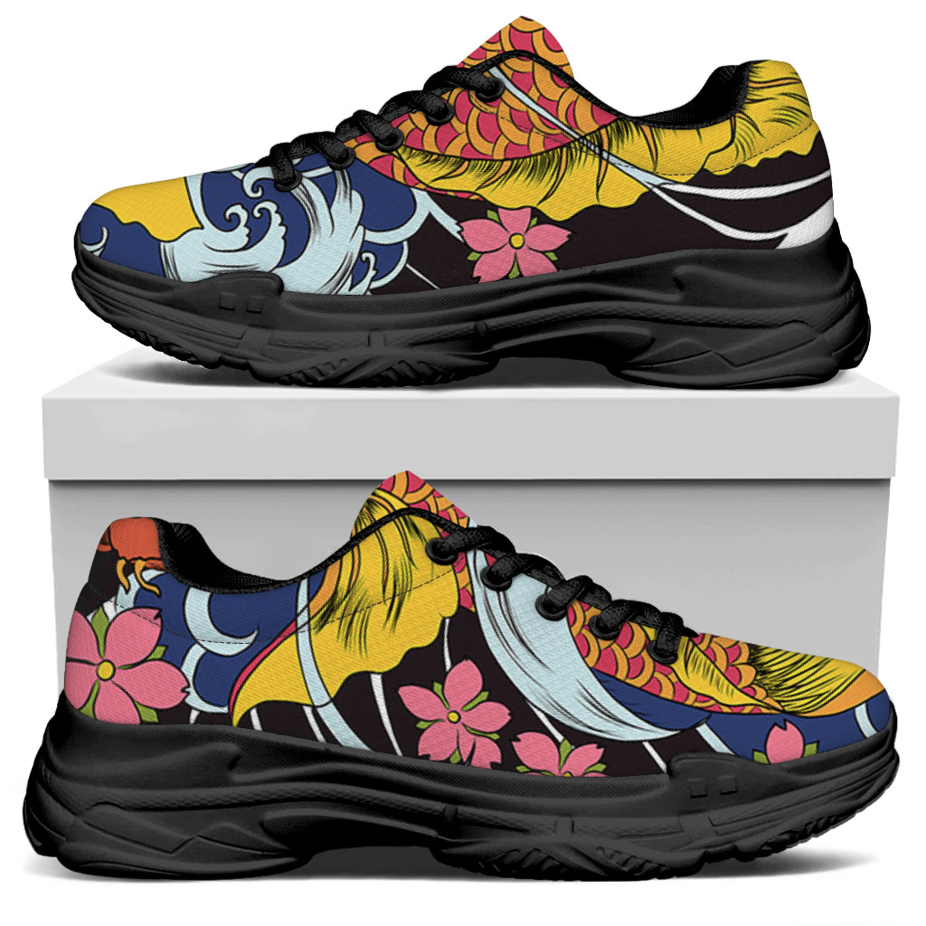 Japanese Koi And Flower Tattoo Print Black Chunky Shoes