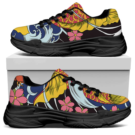 Japanese Koi And Flower Tattoo Print Black Chunky Shoes