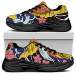 Japanese Koi And Flower Tattoo Print Black Chunky Shoes