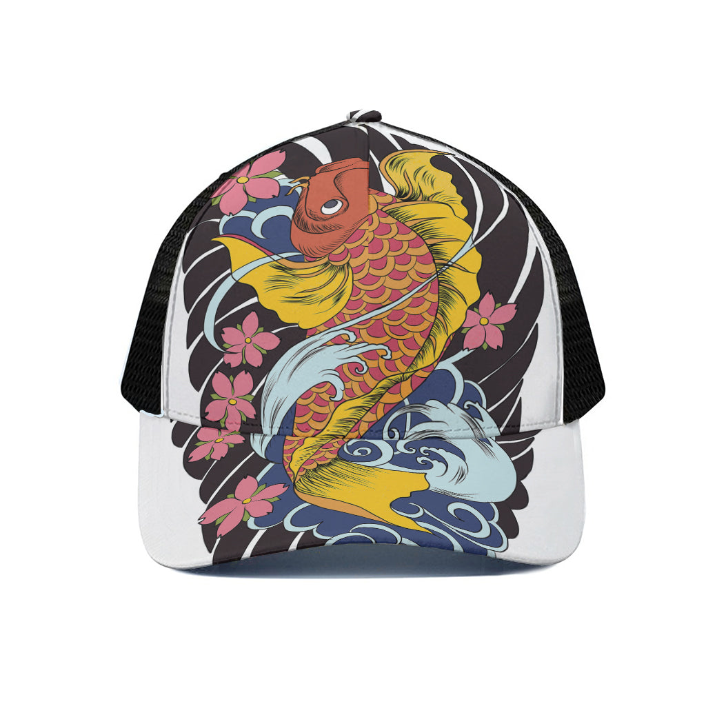 Japanese Koi And Flower Tattoo Print Black Mesh Trucker Cap