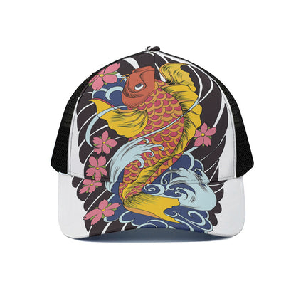 Japanese Koi And Flower Tattoo Print Black Mesh Trucker Cap