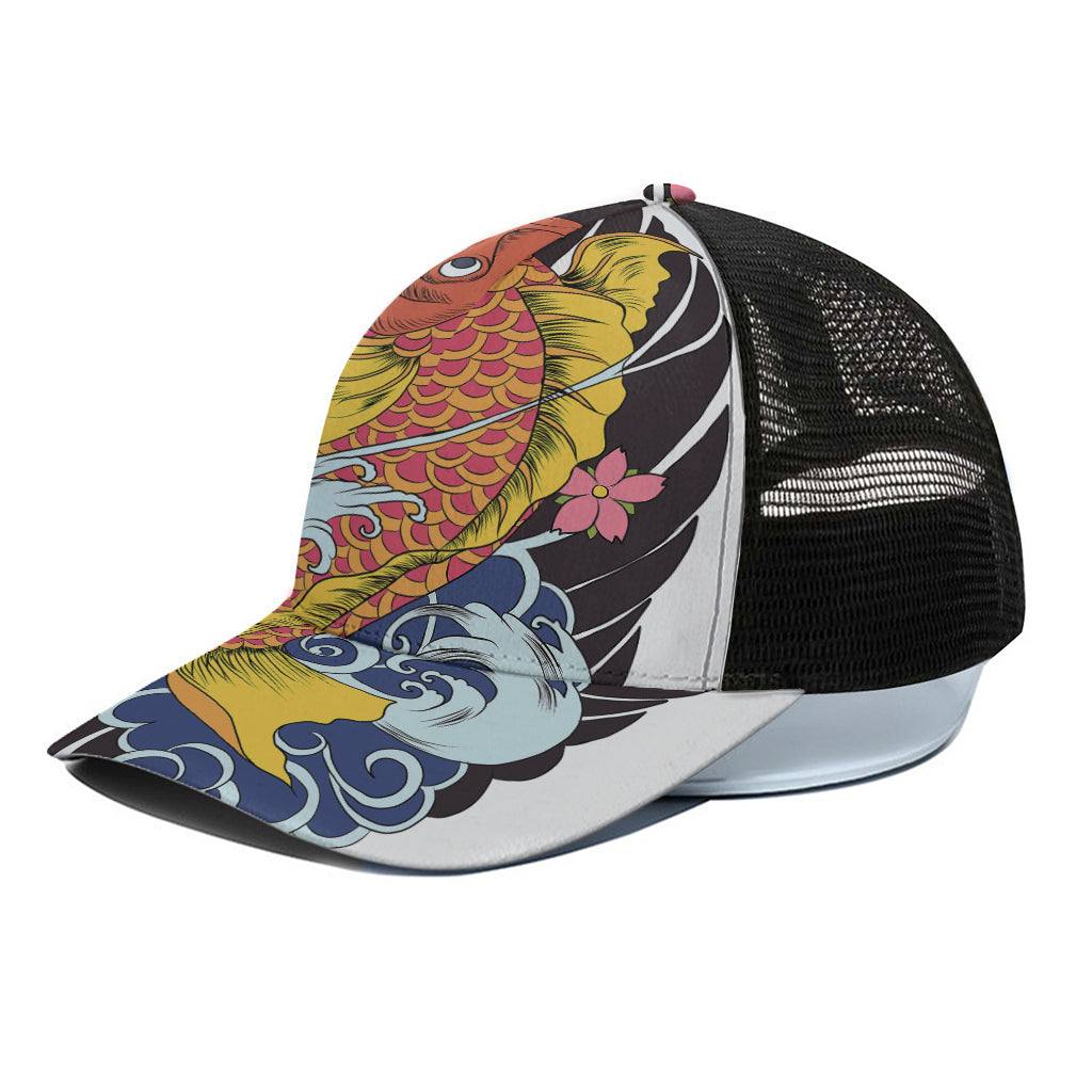 Japanese Koi And Flower Tattoo Print Black Mesh Trucker Cap