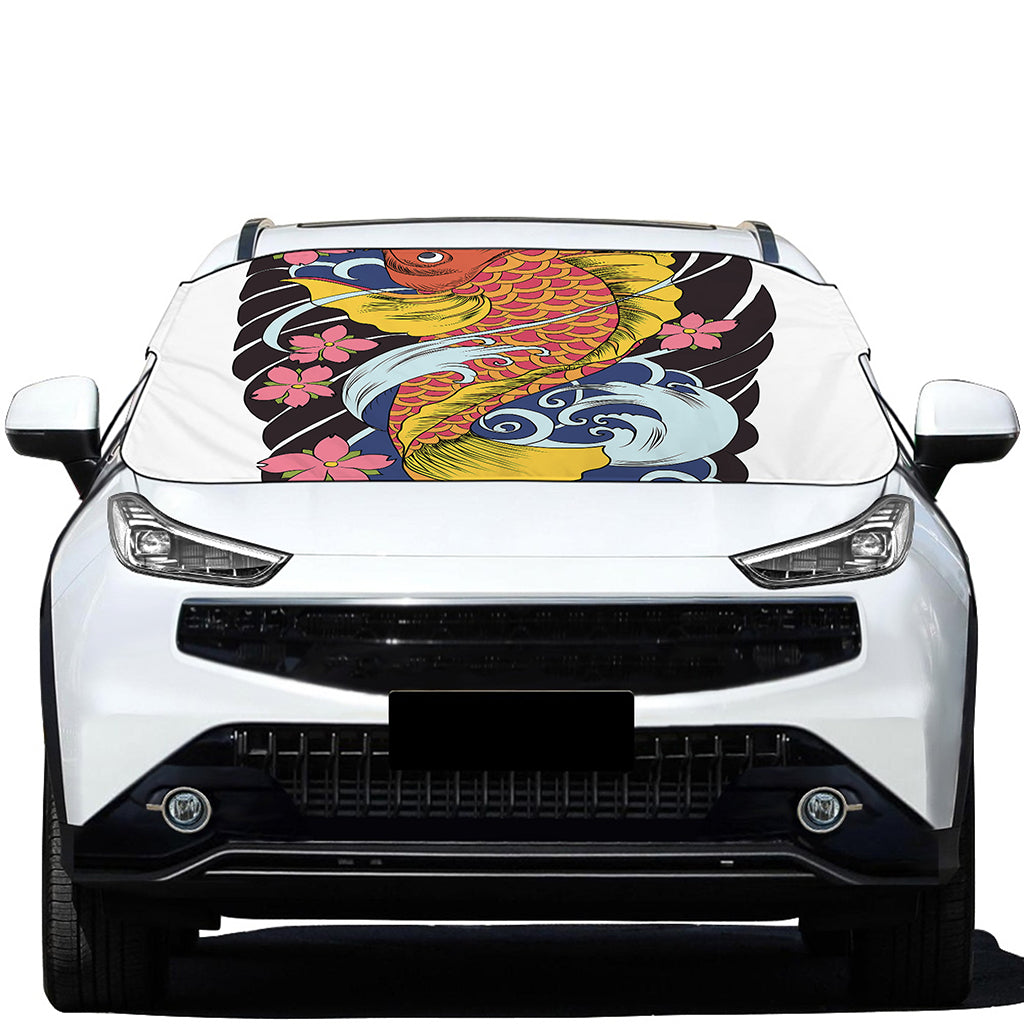 Japanese Koi And Flower Tattoo Print Car Windshield Snow Cover