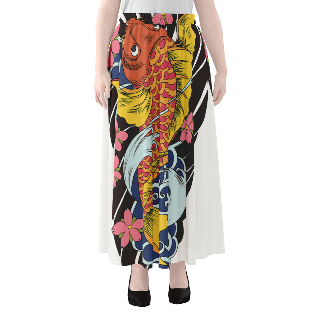 Japanese Koi And Flower Tattoo Print Chiffon Maxi Skirt