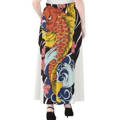 Japanese Koi And Flower Tattoo Print Chiffon Maxi Skirt
