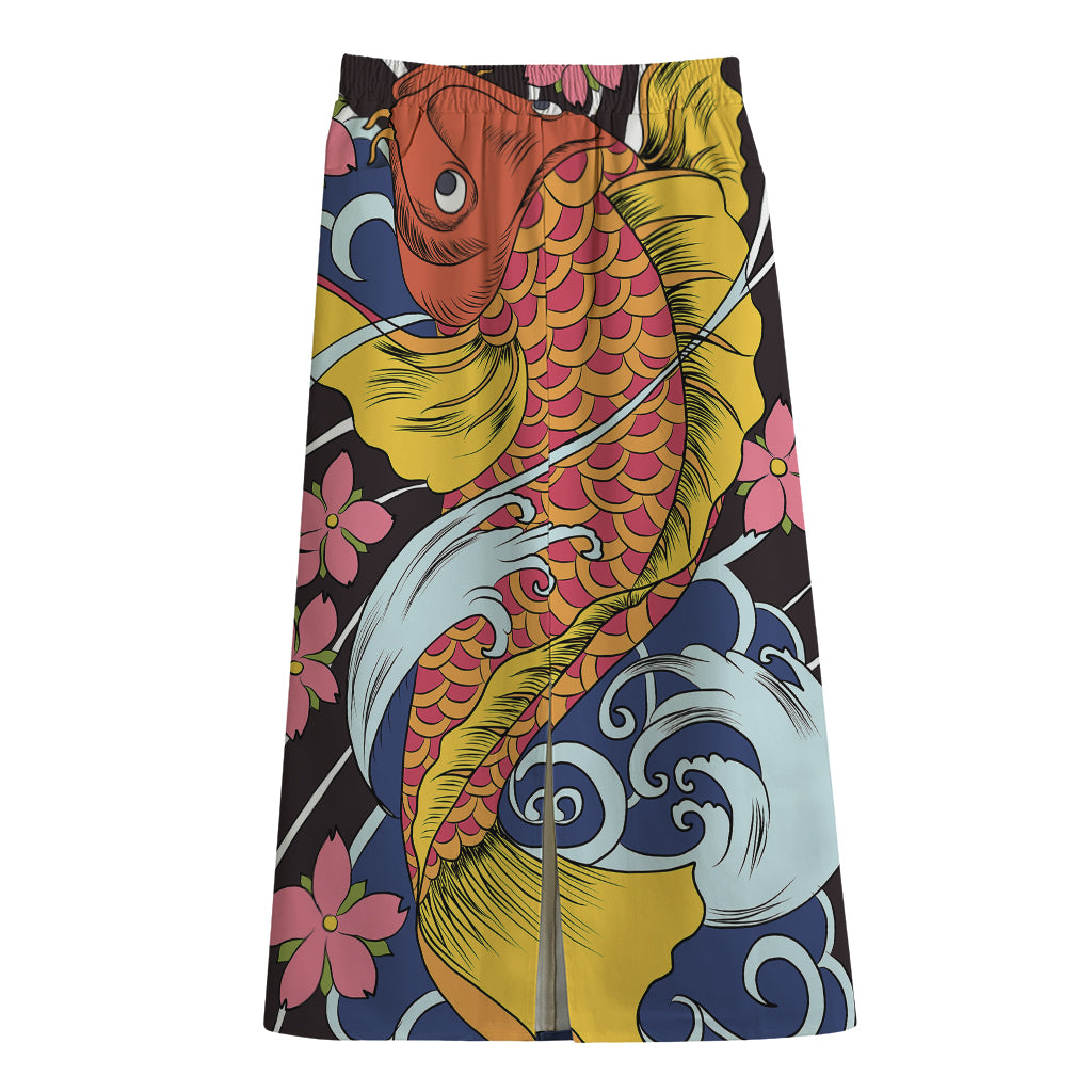 Japanese Koi And Flower Tattoo Print Cotton Front Slit Maxi Skirt