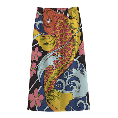 Japanese Koi And Flower Tattoo Print Cotton Front Slit Maxi Skirt