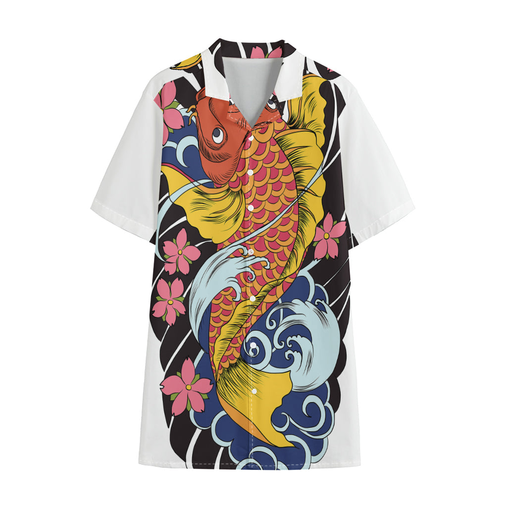 Japanese Koi And Flower Tattoo Print Cotton Hawaiian Shirt