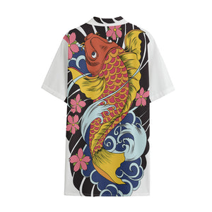 Japanese Koi And Flower Tattoo Print Cotton Hawaiian Shirt