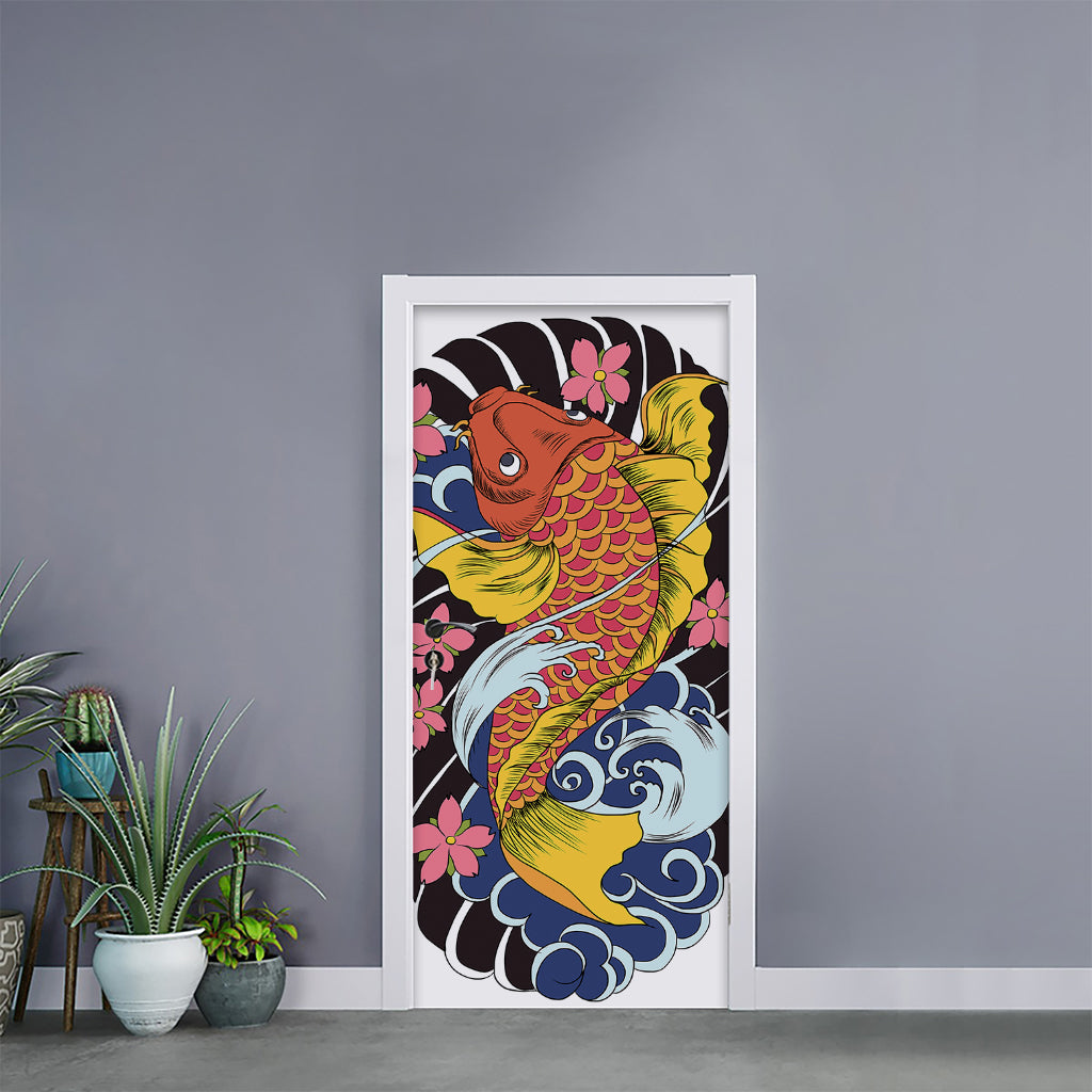 Japanese Koi And Flower Tattoo Print Door Sticker