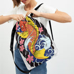 Japanese Koi And Flower Tattoo Print Drawstring Backpack