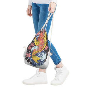 Japanese Koi And Flower Tattoo Print Drawstring Bag