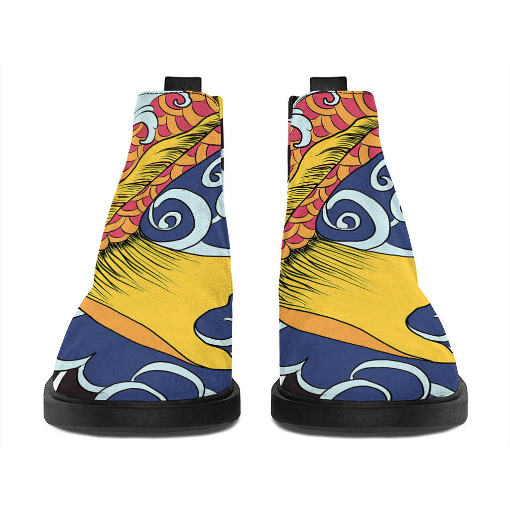 Japanese Koi And Flower Tattoo Print Flat Ankle Boots