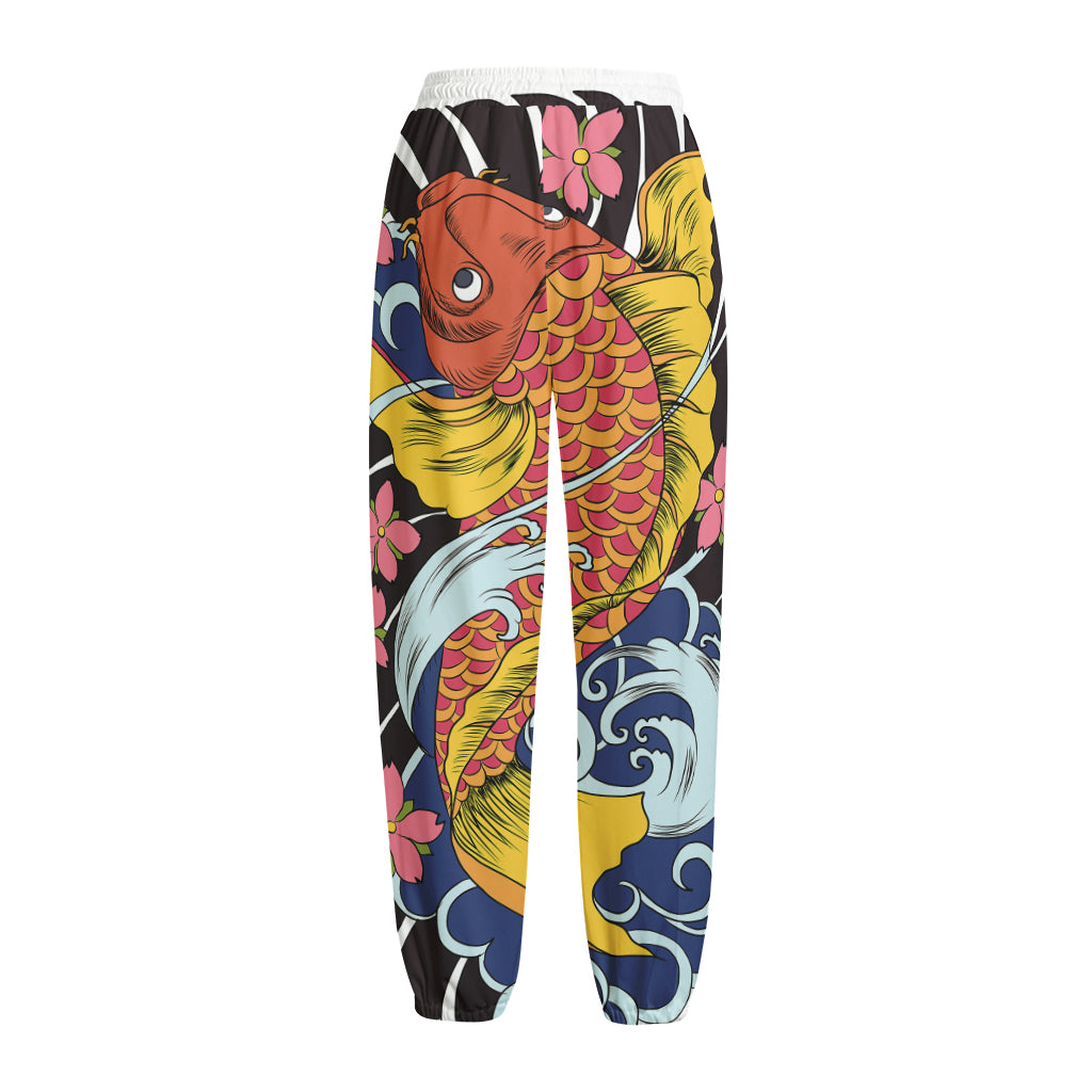 Japanese Koi And Flower Tattoo Print Fleece Lined Knit Pants