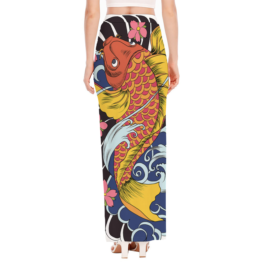 Japanese Koi And Flower Tattoo Print High Slit Maxi Skirt