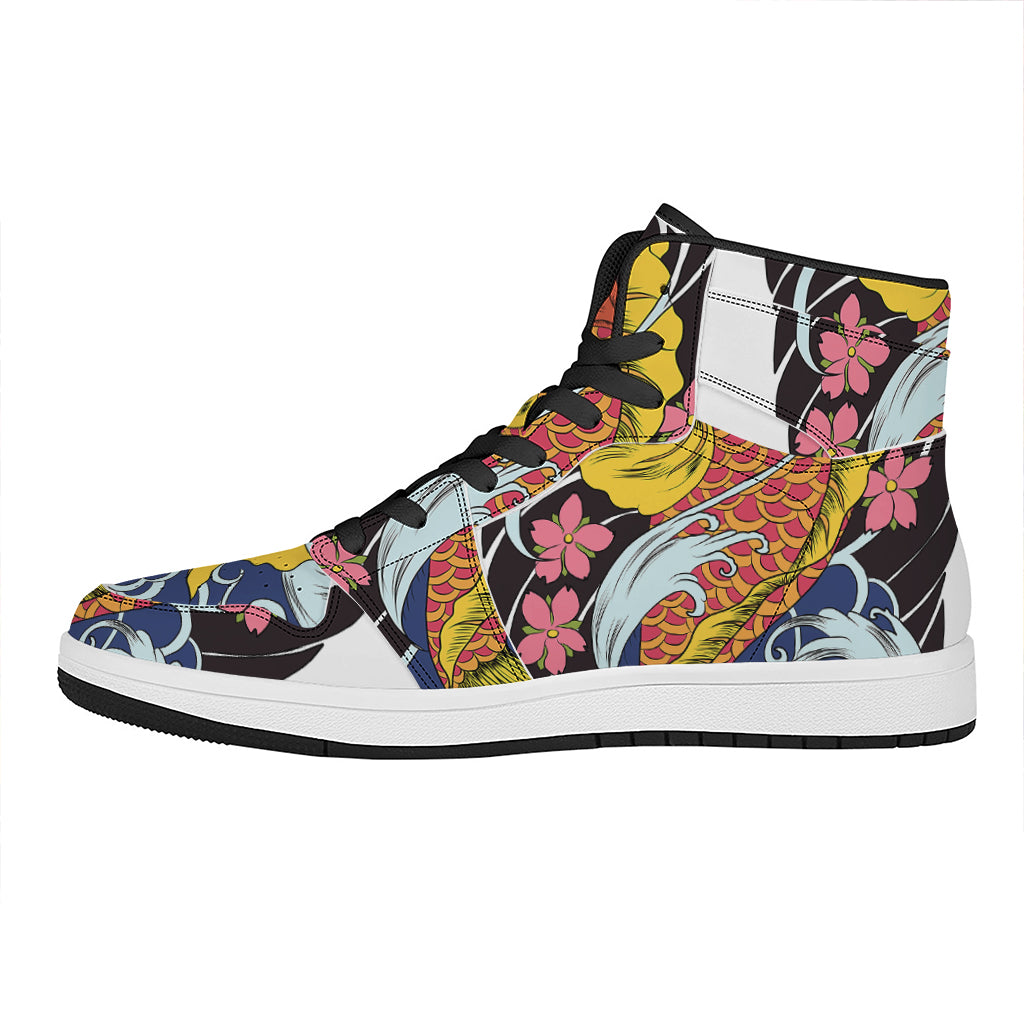 Japanese Koi And Flower Tattoo Print High Top Leather Sneakers