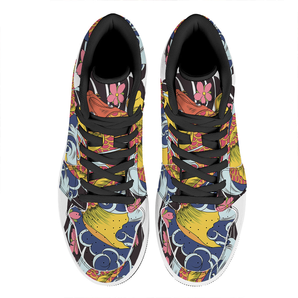 Japanese Koi And Flower Tattoo Print High Top Leather Sneakers