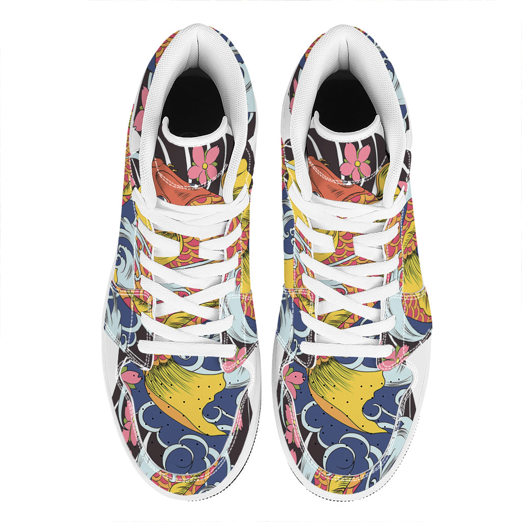 Japanese Koi And Flower Tattoo Print High Top Leather Sneakers