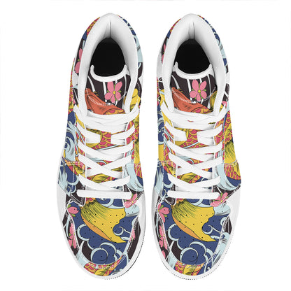 Japanese Koi And Flower Tattoo Print High Top Leather Sneakers