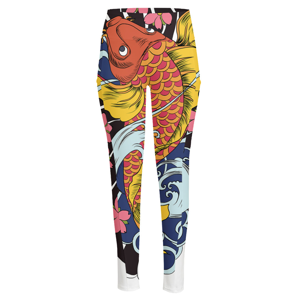 Japanese Koi And Flower Tattoo Print High-Waisted Pocket Leggings