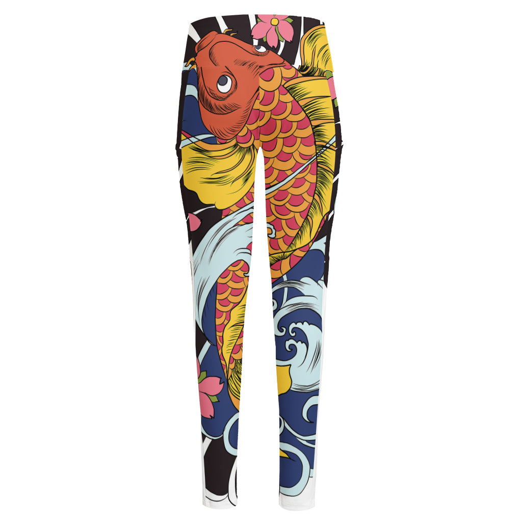 Japanese Koi And Flower Tattoo Print High-Waisted Pocket Leggings