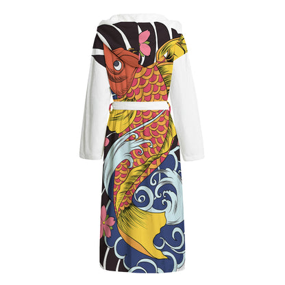 Japanese Koi And Flower Tattoo Print Hooded Bathrobe