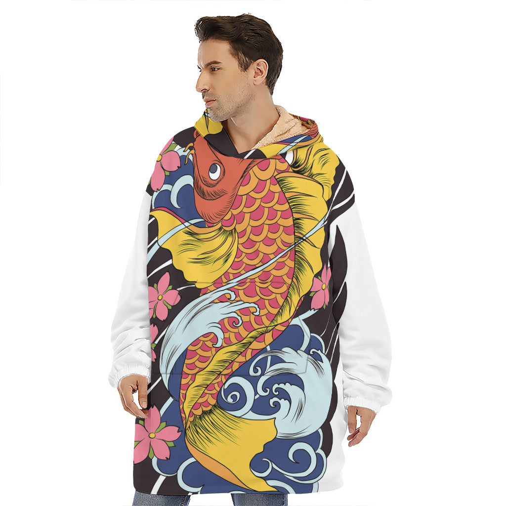 Japanese Koi And Flower Tattoo Print Hoodie Blanket