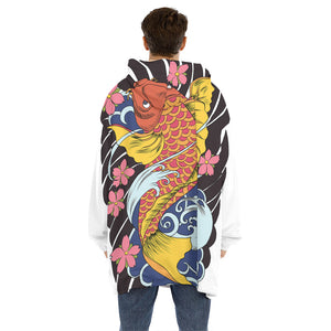 Japanese Koi And Flower Tattoo Print Hoodie Blanket