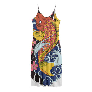 Japanese Koi And Flower Tattoo Print Jersey Midi Cami Dress