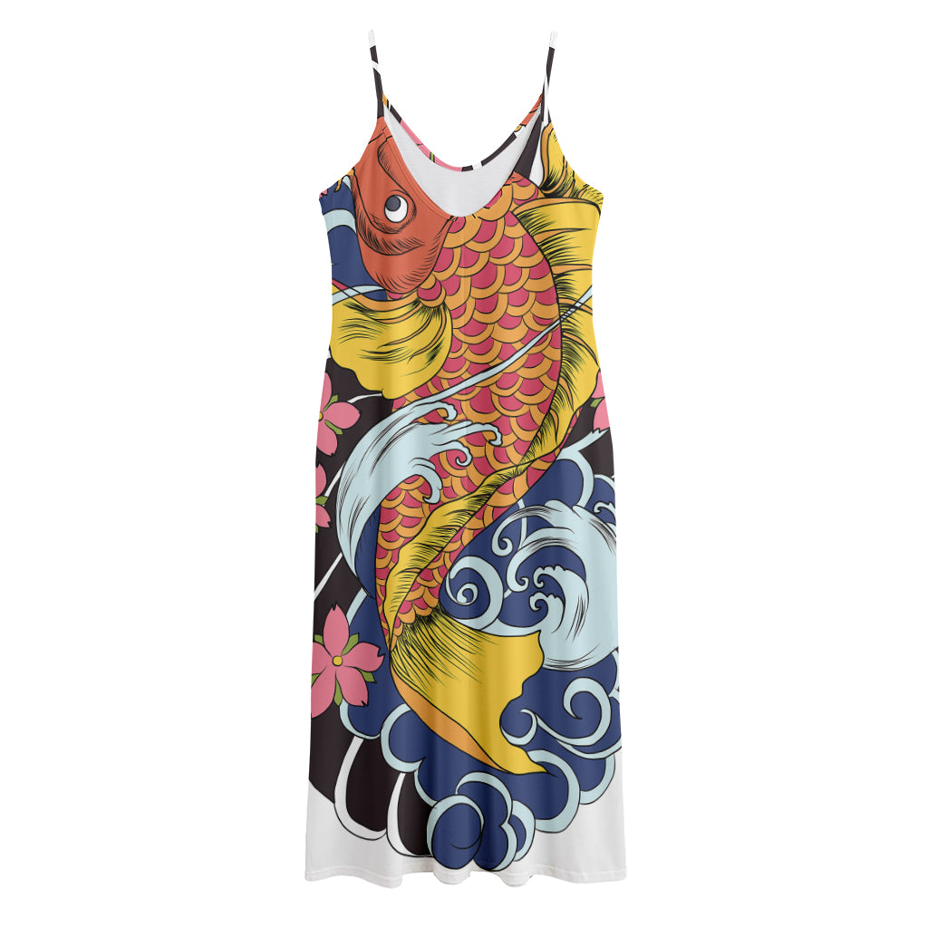 Japanese Koi And Flower Tattoo Print Jersey Midi Cami Dress