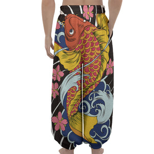 Japanese Koi And Flower Tattoo Print Lantern Pants