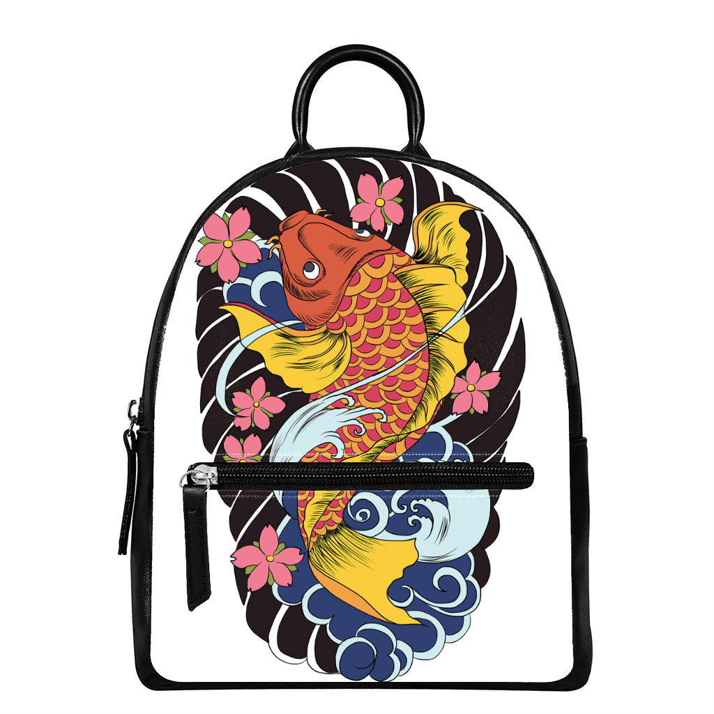 Japanese Koi And Flower Tattoo Print Leather Backpack