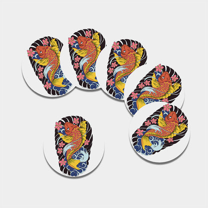 Japanese Koi And Flower Tattoo Print Leather Coaster Set