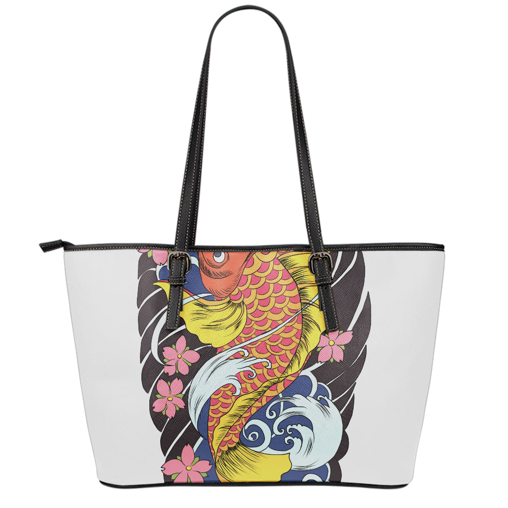 Japanese Koi And Flower Tattoo Print Leather Tote Bag