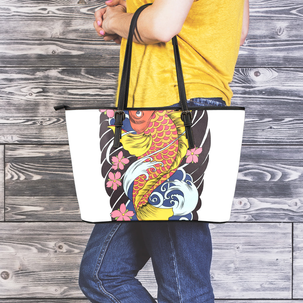 Japanese Koi And Flower Tattoo Print Leather Tote Bag