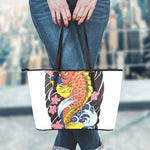 Japanese Koi And Flower Tattoo Print Leather Tote Bag