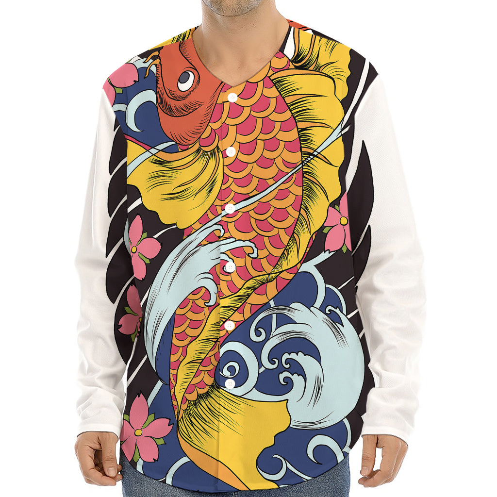 Japanese Koi And Flower Tattoo Print Long Sleeve Baseball Jersey