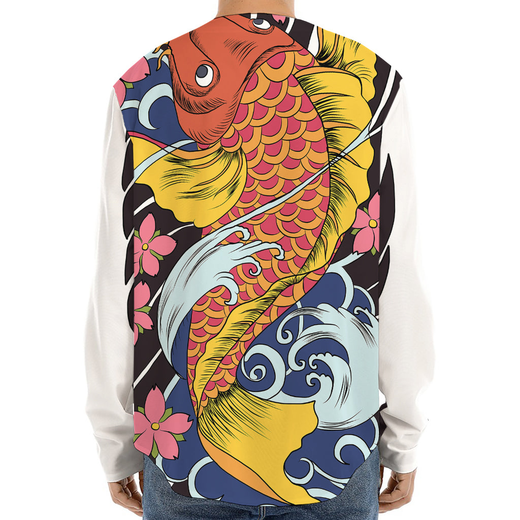 Japanese Koi And Flower Tattoo Print Long Sleeve Baseball Jersey