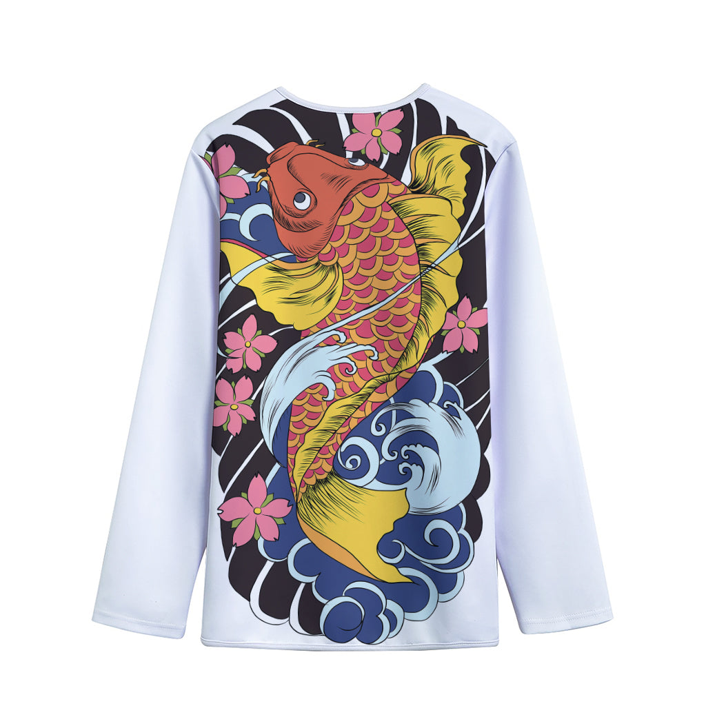Japanese Koi And Flower Tattoo Print Long Sleeve Short Coat