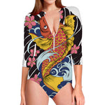 Japanese Koi And Flower Tattoo Print Long Sleeve Swimsuit