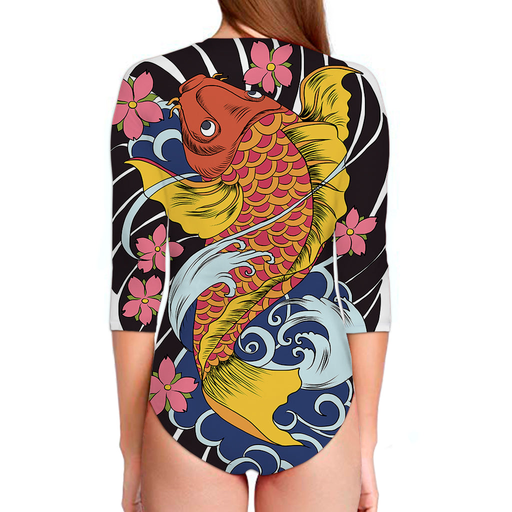 Japanese Koi And Flower Tattoo Print Long Sleeve Swimsuit