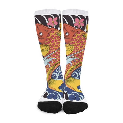 Japanese Koi And Flower Tattoo Print Long Socks