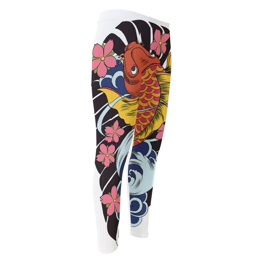 Japanese Koi And Flower Tattoo Print Men's Compression Pants