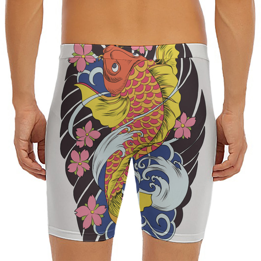 Japanese Koi And Flower Tattoo Print Men's Long Boxer Briefs