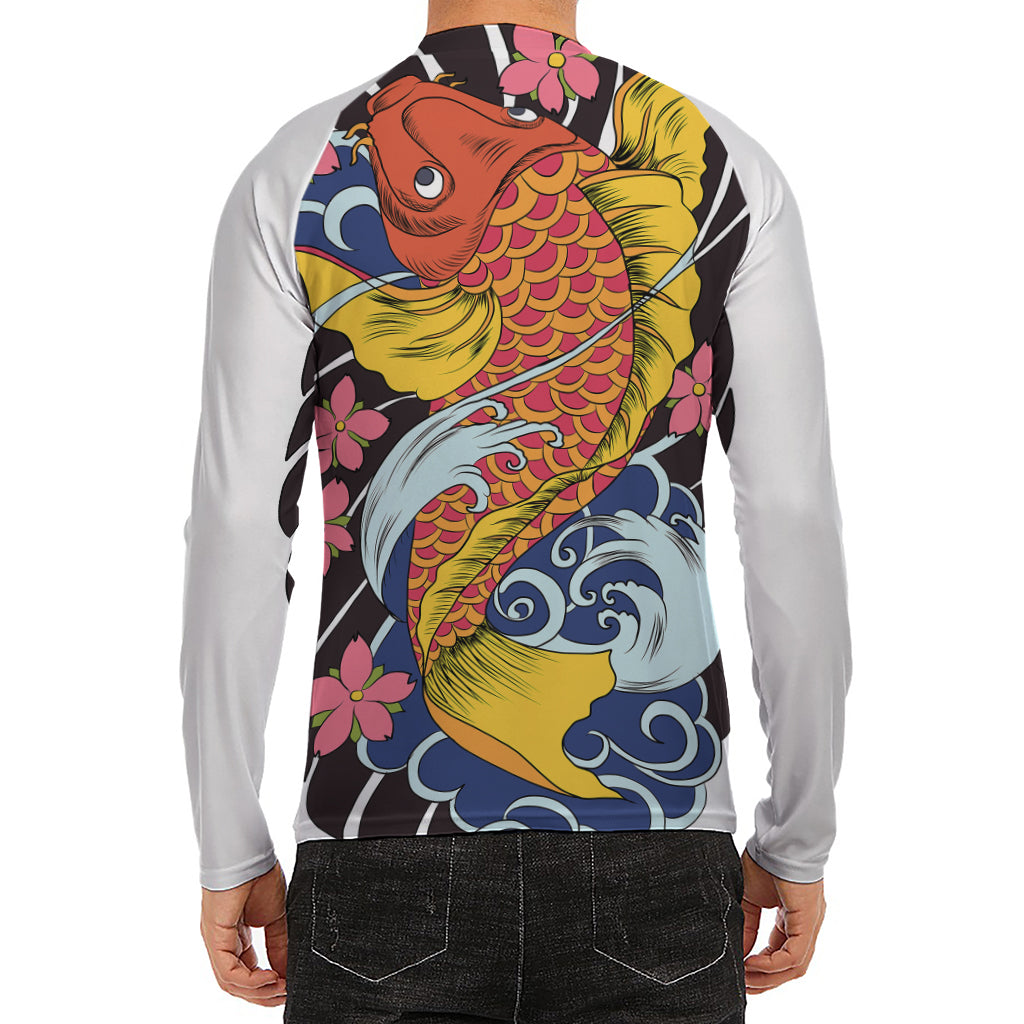 Japanese Koi And Flower Tattoo Print Men's Long Sleeve Rash Guard