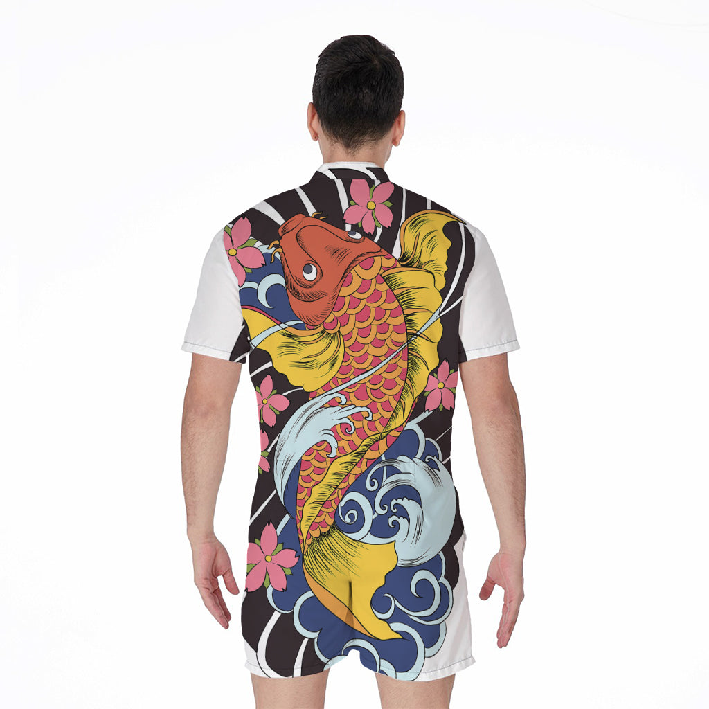 Japanese Koi And Flower Tattoo Print Men's Rompers